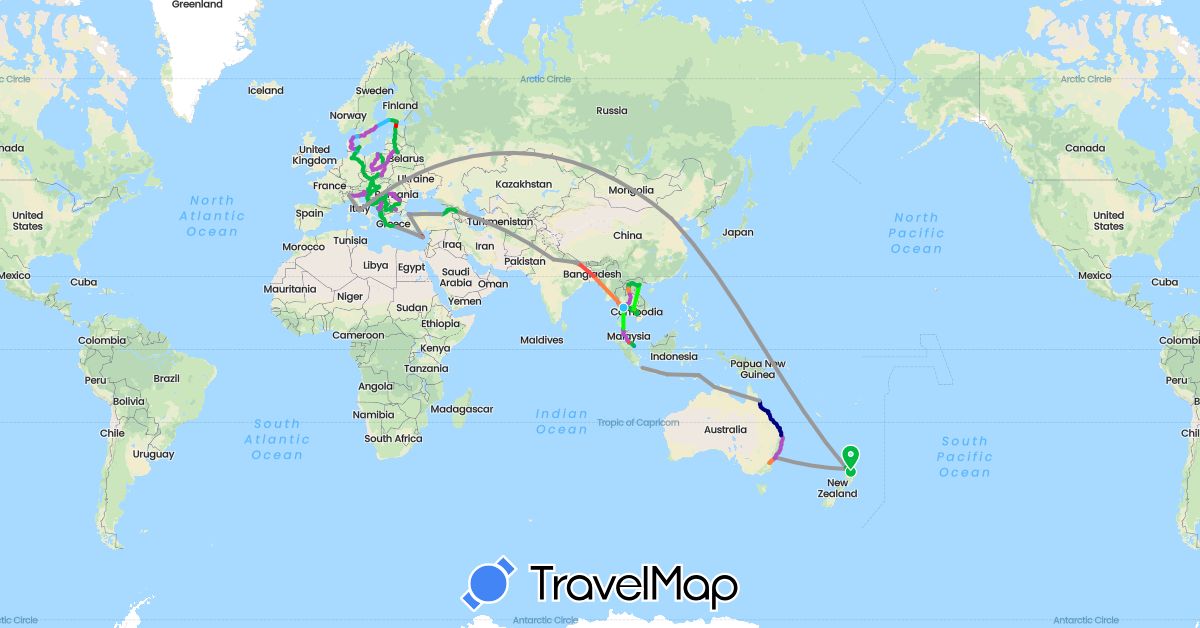 TravelMap itinerary: driving, bus, plane, cycling, train, hiking, boat, hitchhiking, motorbike, car, plane, ship/boat, on foot in Albania, Austria, Australia, Bosnia and Herzegovina, Bangladesh, Bulgaria, China, Cyprus, Czech Republic, Germany, Denmark, Estonia, Finland, Georgia, Greece, Croatia, Hungary, Indonesia, India, Italy, Cambodia, Laos, Lithuania, Latvia, Montenegro, Macedonia, Malaysia, Nepal, New Zealand, Poland, Romania, Serbia, Sweden, Singapore, Slovenia, Slovakia, Thailand, East Timor, Turkey, Vietnam, Kosovo (Asia, Europe, Oceania)