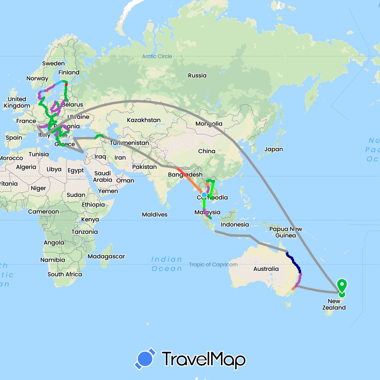 TravelMap itinerary: driving, bus, plane, cycling, train, hiking, boat, hitchhiking, motorbike, car, plane, ship/boat, on foot in Albania, Austria, Australia, Bosnia and Herzegovina, Bangladesh, Bulgaria, China, Cyprus, Czech Republic, Germany, Denmark, Estonia, Finland, Georgia, Greece, Croatia, Hungary, Indonesia, India, Italy, Cambodia, Laos, Lithuania, Latvia, Montenegro, Macedonia, Malaysia, Nepal, New Zealand, Poland, Romania, Serbia, Sweden, Singapore, Slovenia, Slovakia, Thailand, East Timor, Turkey, Vietnam, Kosovo (Asia, Europe, Oceania)